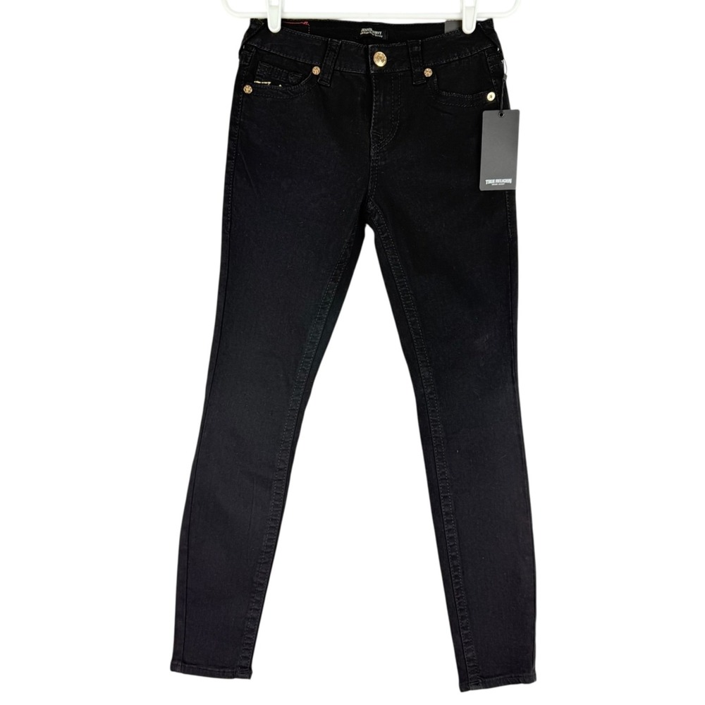 True Religion Women's Jennie Big T Mid Rise Lurex Black Skinny Jeans Size 26 NWT